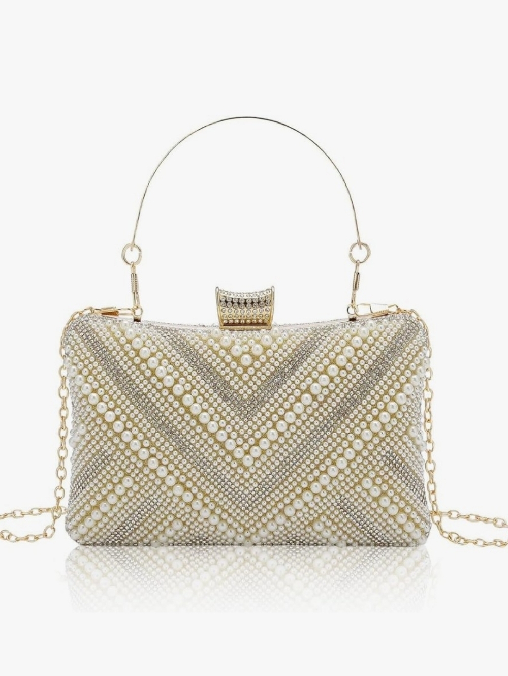 Beaded Pearl Chevron Evening Clutch - Gold Bridal
